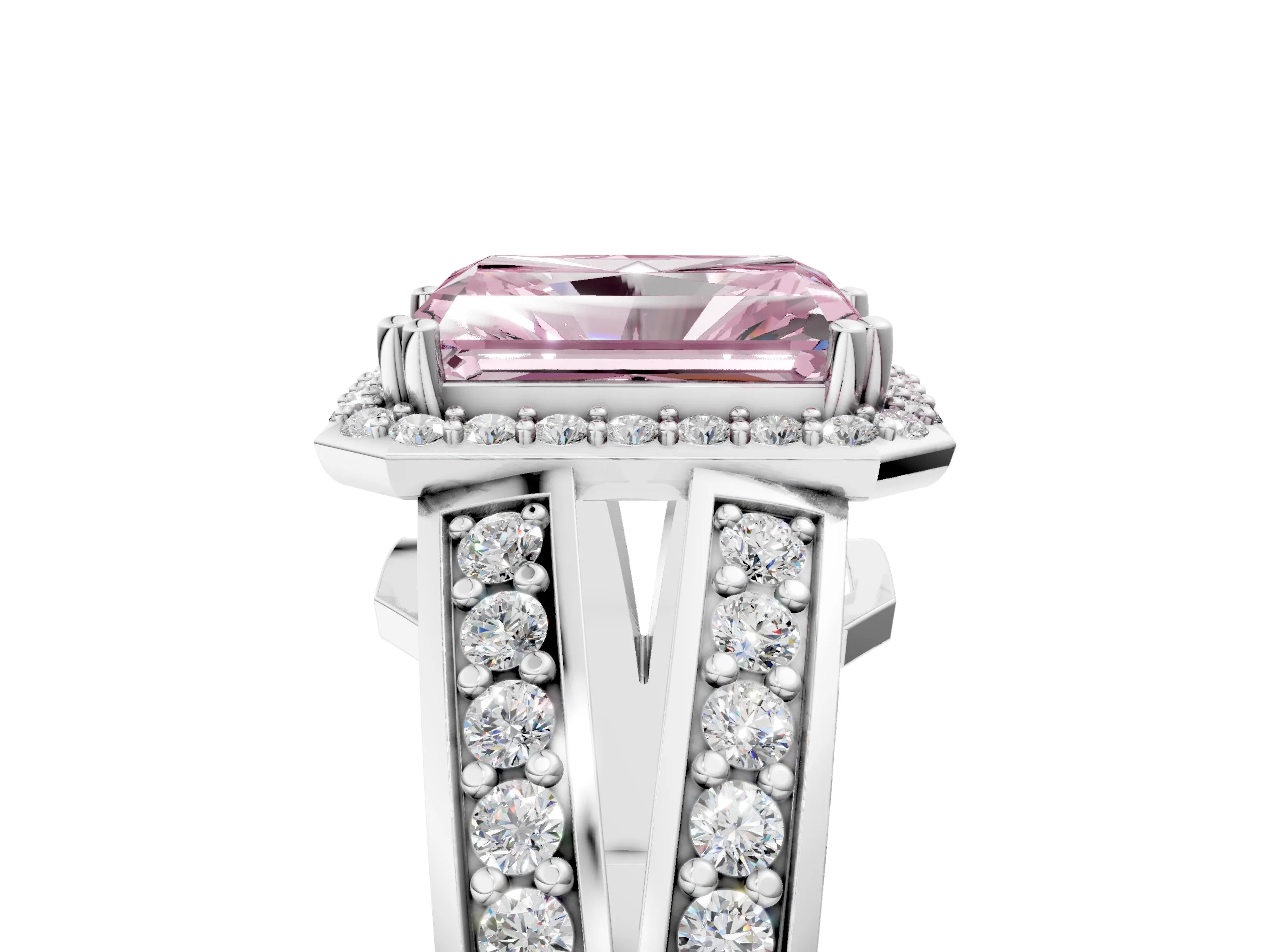 White gold Fancy Pink Radiant Cut Diamond Halo Ring with Split Shank Pavé Band and Four-Prong Setting_5