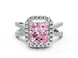 White gold Fancy Pink Radiant Cut Diamond Halo Ring with Split Shank Pavé Band and Prong Setting_79