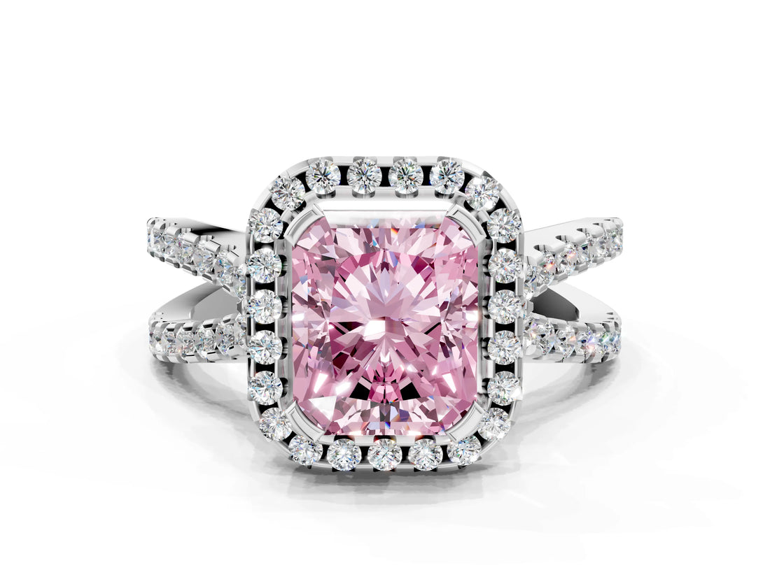 White gold Fancy Pink Radiant Cut Diamond Halo Ring with Split Shank Pavé Band and Prong Setting_80