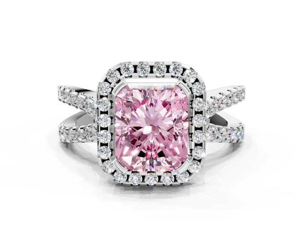 Platinum Fancy Pink Radiant Cut Diamond Halo Ring with Split Shank Pavé Band and Prong Setting