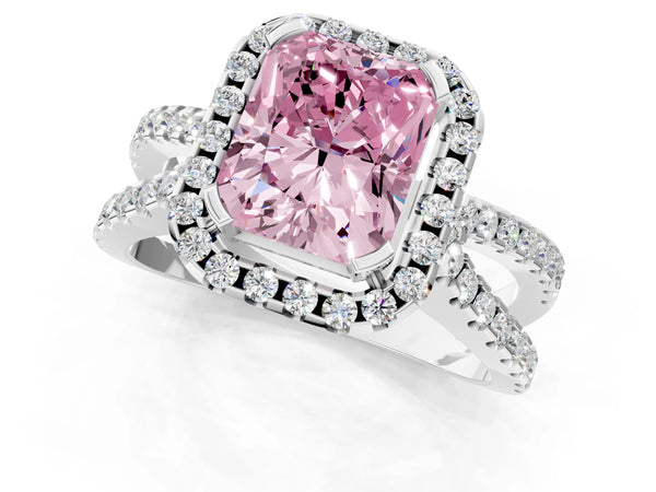 Platinum Fancy Pink Radiant Cut Diamond Halo Ring with Split Shank Pavé Band and Prong Setting