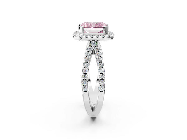 Platinum Fancy Pink Radiant Cut Diamond Halo Ring with Split Shank Pavé Band and Prong Setting