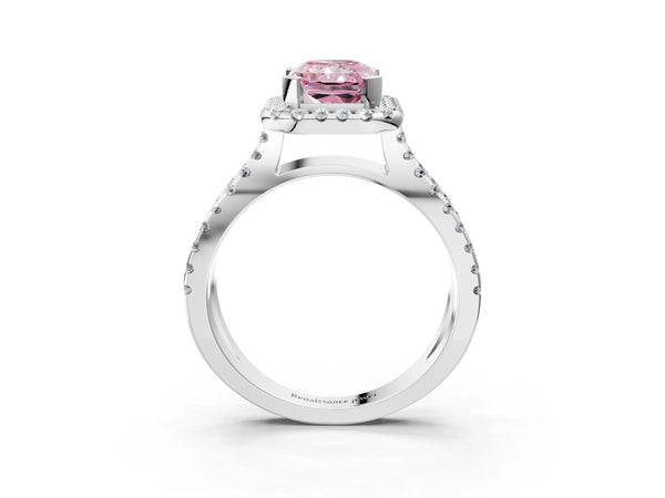 Platinum Fancy Pink Radiant Cut Diamond Halo Ring with Split Shank Pavé Band and Prong Setting
