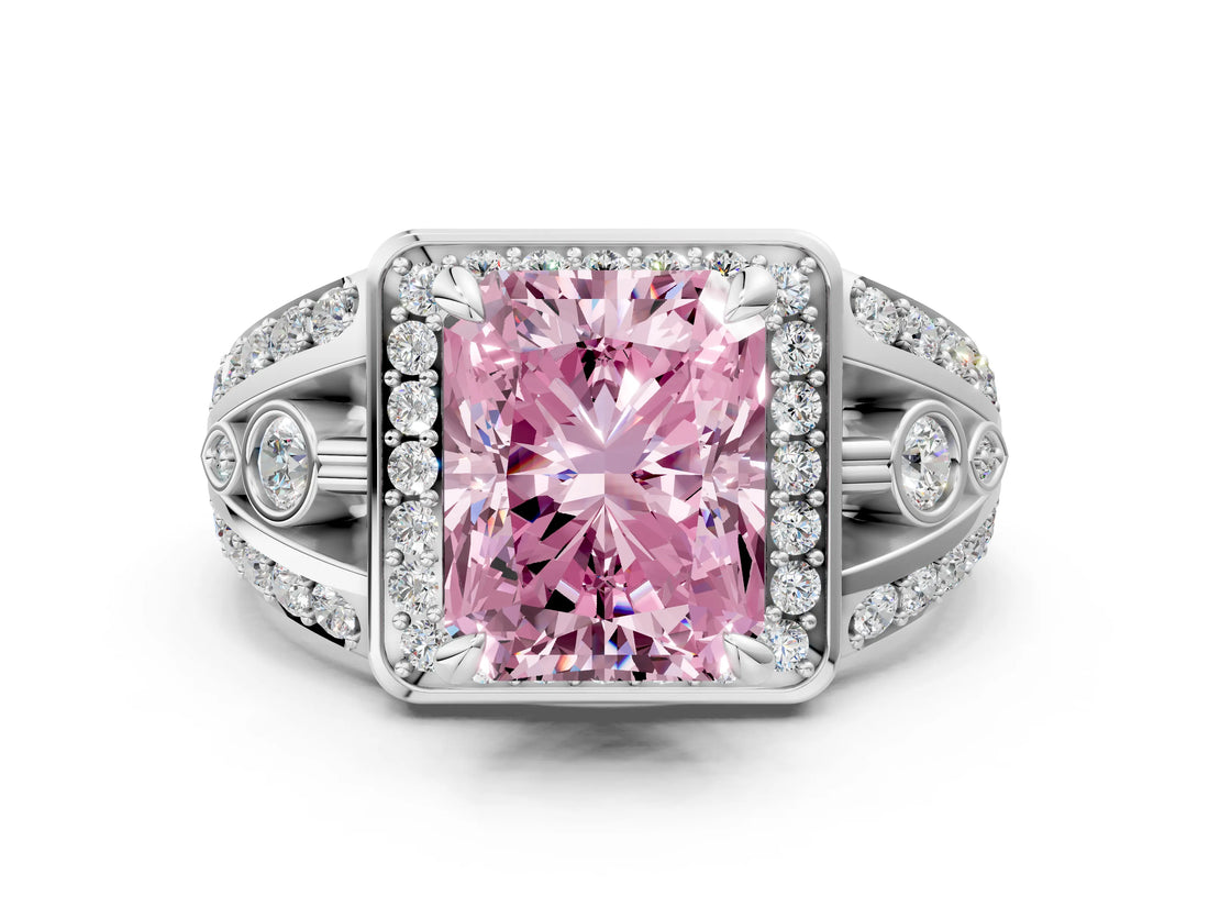 White gold Fancy Pink Radiant Cut Diamond Halo Ring with Split Shank and Bezel Accents and Four-Prong Setting