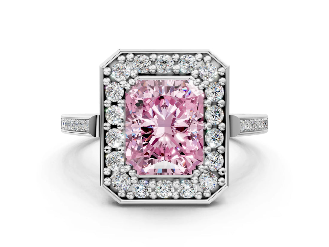White gold Fancy Pink Radiant Cut Diamond Halo Ring with Split Shank and Four-Prong Setting_86
