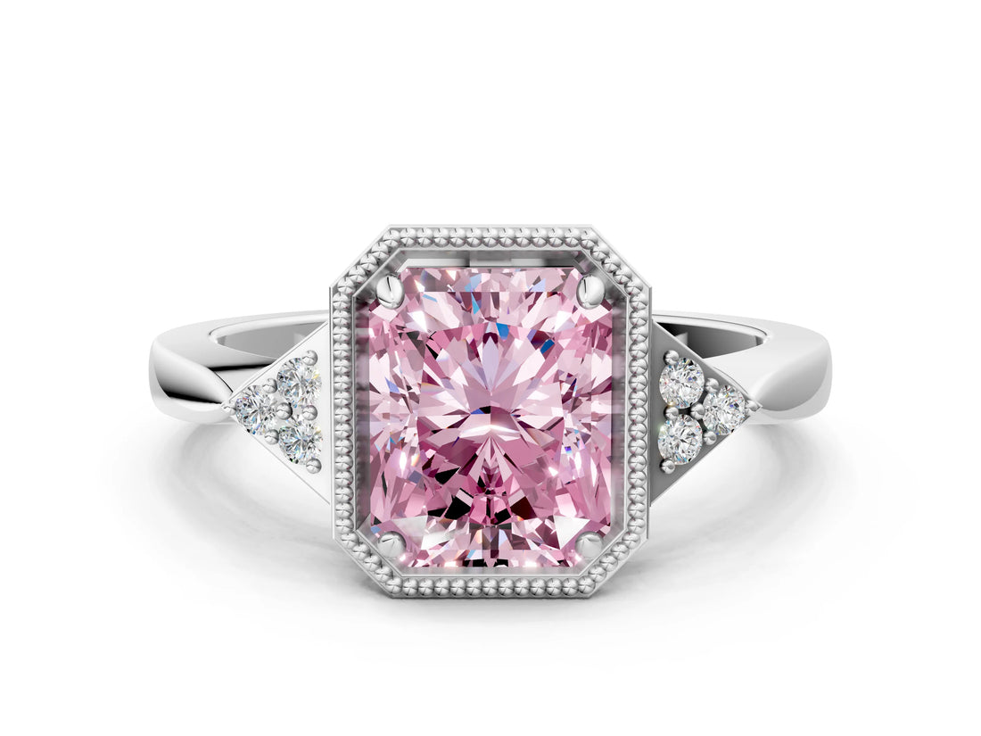 White gold Fancy Pink Radiant Cut Diamond Halo Ring with Tapered Band and Four-Prong Setting_19