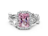 White gold Fancy Pink Radiant Cut Diamond Halo Ring with Vintage Split Shank and Four-Prong Setting_97