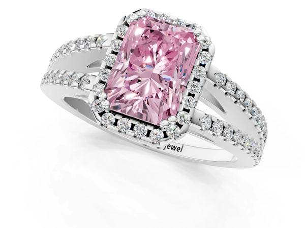 Platinum Fancy Pink Radiant Cut Diamond Halo Split Shank Engagement Ring
