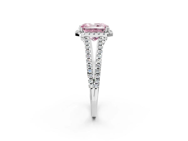 Platinum Fancy Pink Radiant Cut Diamond Halo Split Shank Engagement Ring