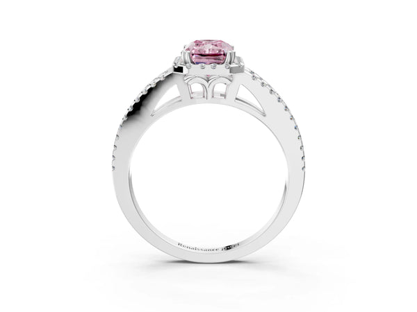 Platinum Fancy Pink Radiant Cut Diamond Halo Split Shank Engagement Ring