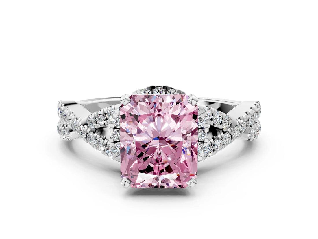 White gold Fancy Pink Radiant Cut Diamond  Halo Twist Band Solitaire Prong Setting Ring_13