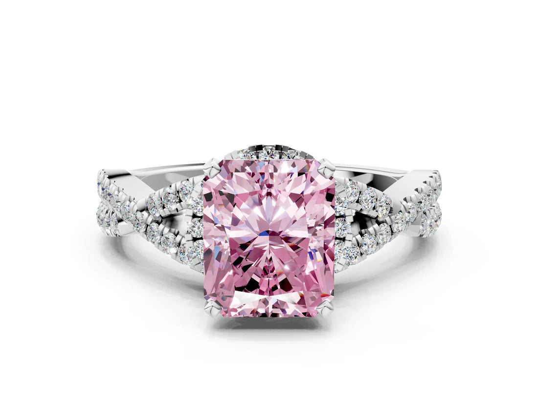 White gold Fancy Pink Radiant Cut Diamond  Halo Twist Band Solitaire Prong Setting Ring_67