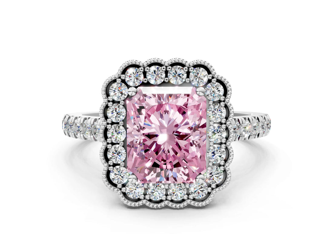 White gold Fancy Pink Radiant  Cut Diamond Milgrain Floral Halo Engagement Ring with Pavé Band_33