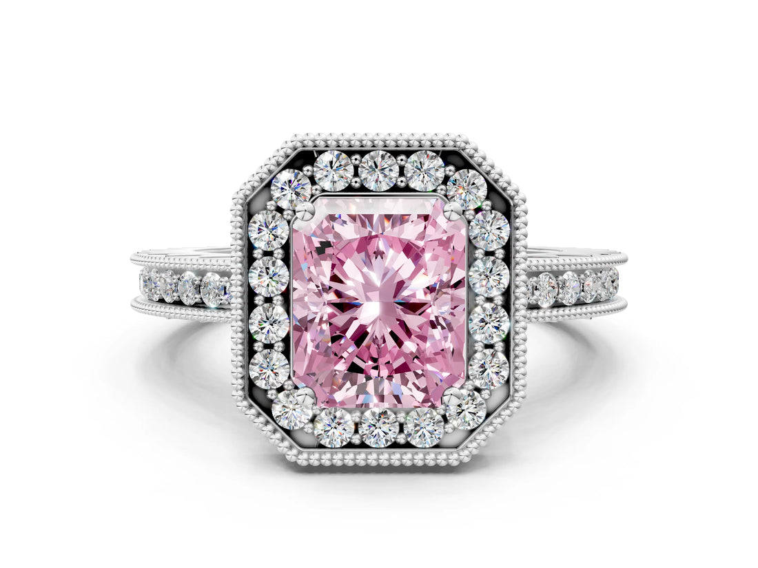White gold Fancy Pink Radiant Cut Diamond Milgrain Halo Engagement Ring with Round Pavé Band and Prong Setting_18