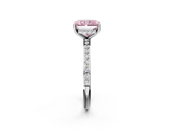 Platinum Fancy Pink Radiant  Cut Diamond Pavé Band Ring with Four-Prong Setting