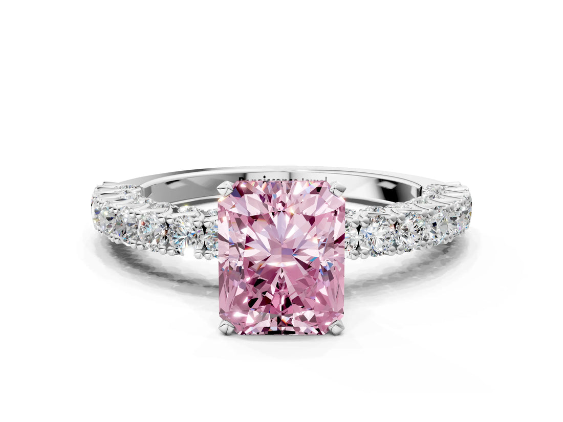 White gold Fancy Pink Radiant Cut Diamond Pavé Band Solitaire Ring with Prong Setting_45