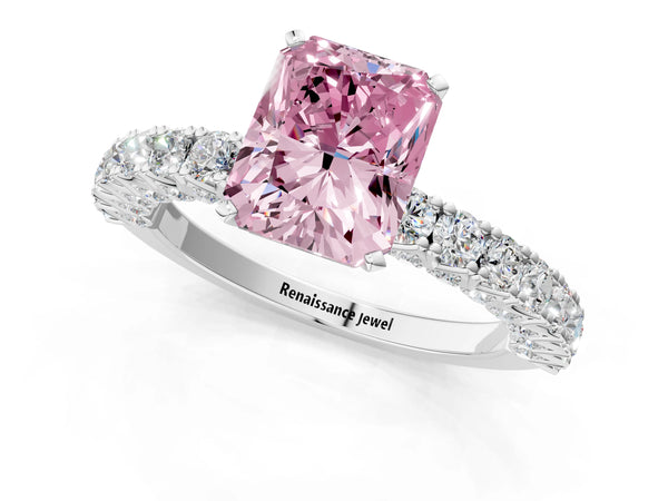 Platinum Fancy Pink Radiant Cut Diamond Pavé Band Solitaire Ring with Prong Setting