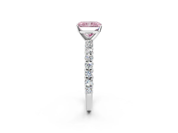 Platinum Fancy Pink Radiant Cut Diamond Pavé Band Solitaire Ring with Prong Setting