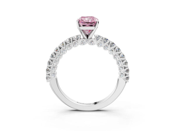 Platinum Fancy Pink Radiant Cut Diamond Pavé Band Solitaire Ring with Prong Setting