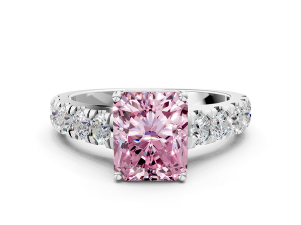 Platinum Fancy Pink Radiant  Cut Diamond Solitaire Ring with Micro Pave Band and Prong Setting