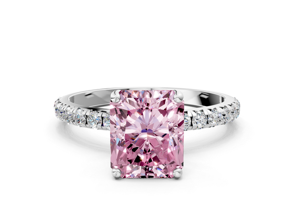 White gold Fancy Pink Radiant  Cut Diamond Solitaire Ring with Micro Pave Band and Four Prong Setting