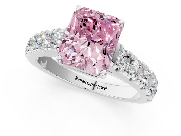 Platinum Fancy Pink Radiant  Cut Diamond Solitaire Ring with Micro Pave Band and Prong Setting
