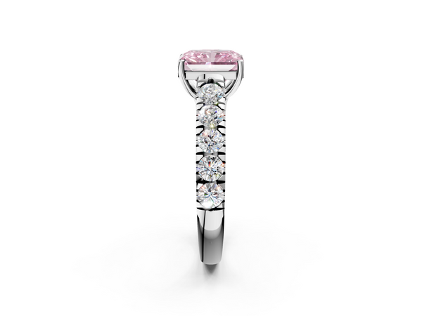 Platinum Fancy Pink Radiant  Cut Diamond Solitaire Ring with Micro Pave Band and Prong Setting