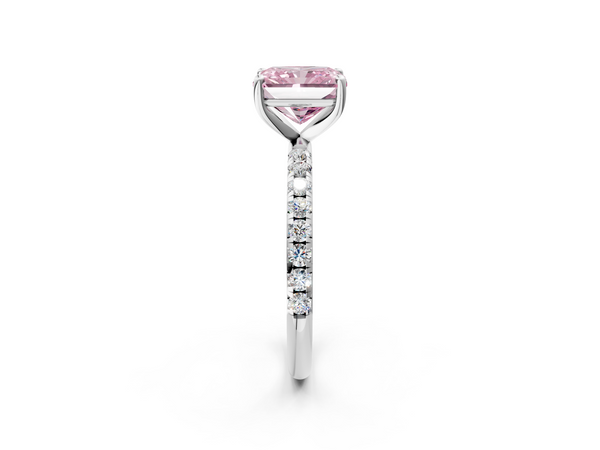 White gold Fancy Pink Radiant  Cut Diamond Solitaire Ring with Micro Pave Band and Four Prong Setting