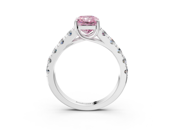Platinum Fancy Pink Radiant  Cut Diamond Solitaire Ring with Micro Pave Band and Prong Setting