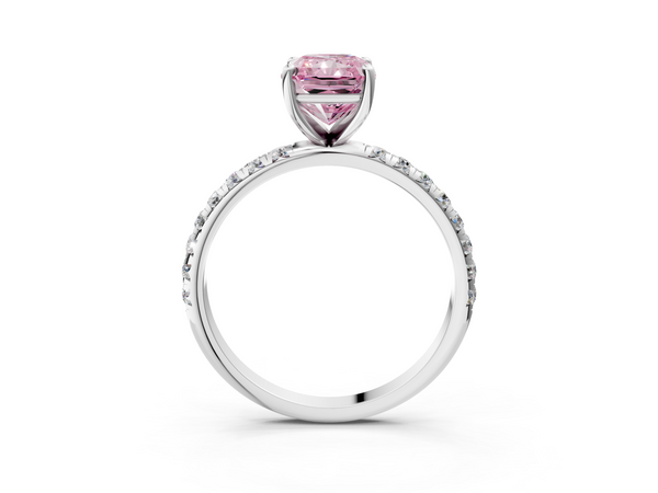 White gold Fancy Pink Radiant  Cut Diamond Solitaire Ring with Micro Pave Band and Four Prong Setting
