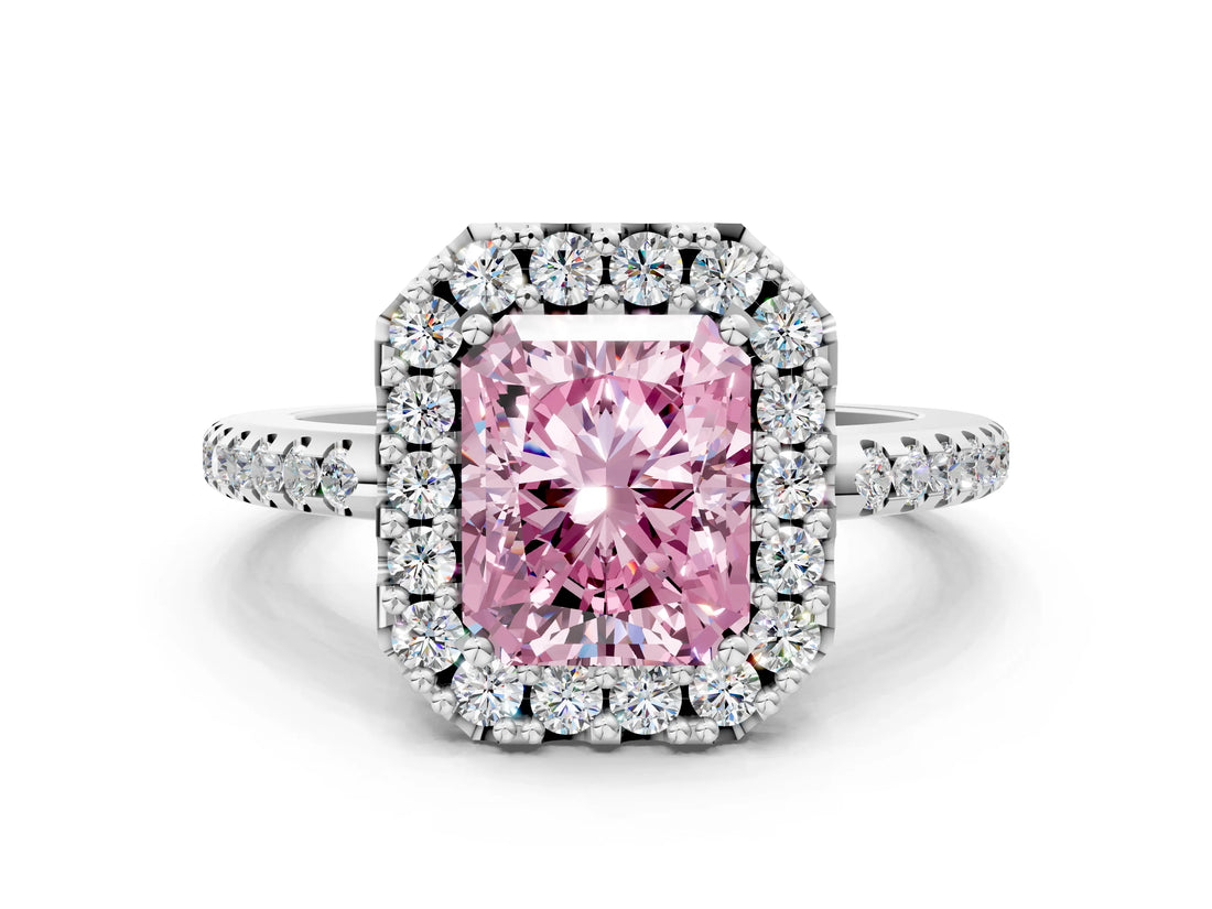 White gold Fancy Pink Radiant Cut Diamond Pavé Halo Ring with Four-Prong Setting_48