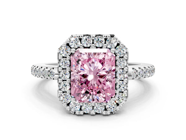 White gold Fancy Pink Radiant Cut Diamond Pavé Halo Ring with Four-Prong Setting