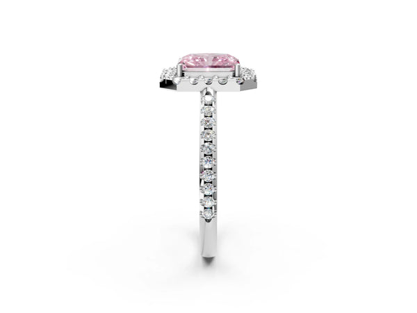 White gold Fancy Pink Radiant Cut Diamond Pavé Halo Ring with Four-Prong Setting
