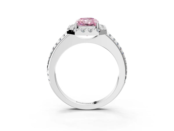 White gold Fancy Pink Radiant Cut Diamond Pavé Halo Ring with Four-Prong Setting