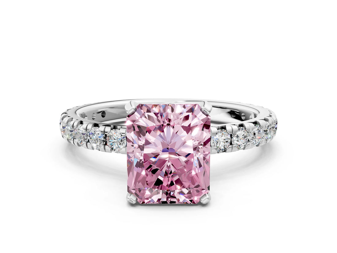 White gold Fancy Pink Radiant Cut Diamond Pavé Solitaire Ring with Round Band and Prong Setting_12