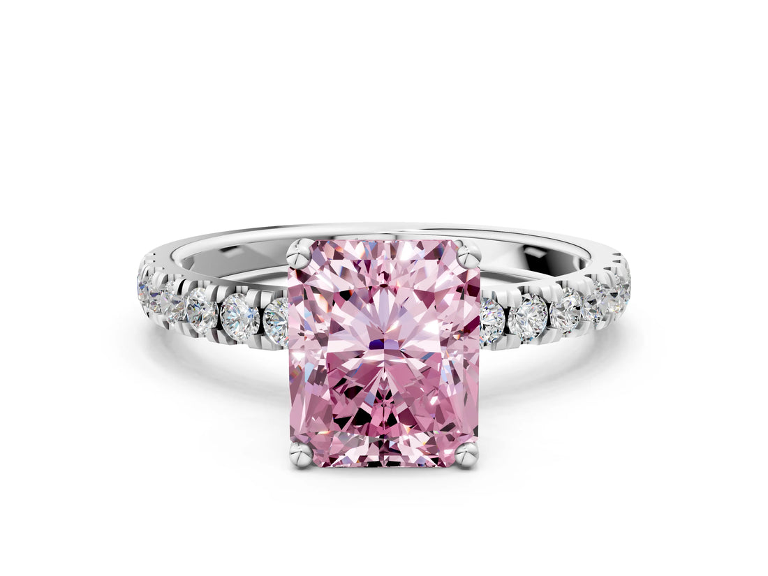 White gold Fancy Pink Radiant Cut Diamond Pave Band Solitaire Ring with Round  and Prong Setting_130