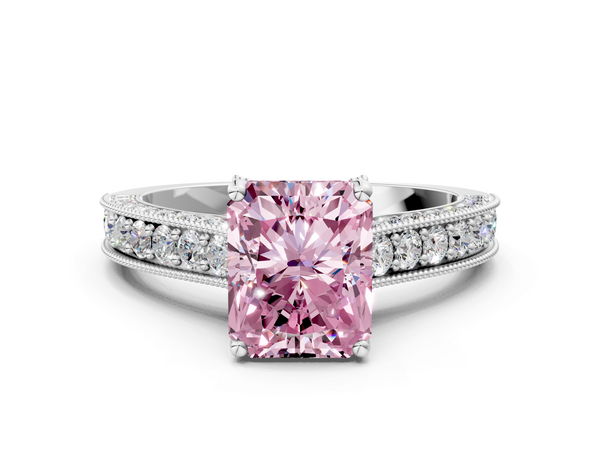 Platinum Fancy Pink Radiant  Cut Diamond Solitaire Ring with Milgrain Pave Band and Four Prong Setting
