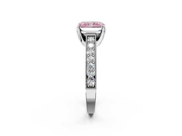 Platinum Fancy Pink Radiant  Cut Diamond Solitaire Ring with Milgrain Pave Band and Four Prong Setting