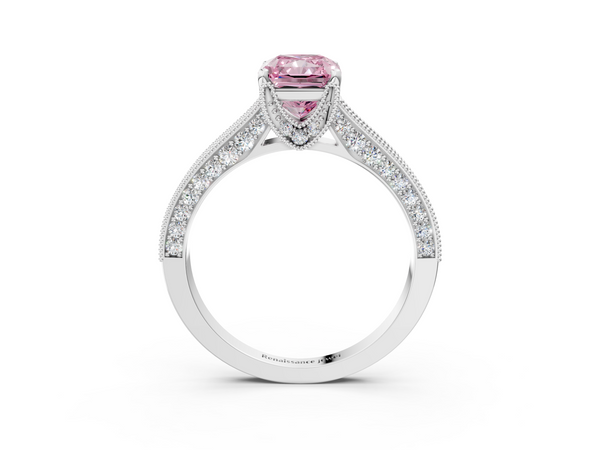 Platinum Fancy Pink Radiant  Cut Diamond Solitaire Ring with Milgrain Pave Band and Four Prong Setting