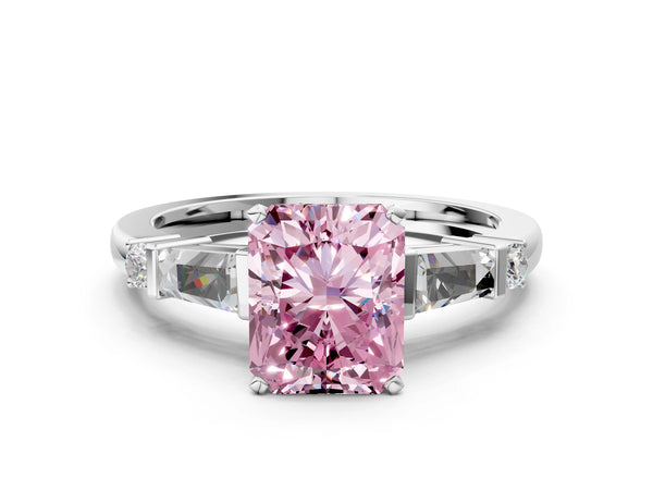 White gold Fancy Pink Radiant  Cut Diamond Ring with Baguette Side Stones, Channel Set Band, and Four-Prong Setting
