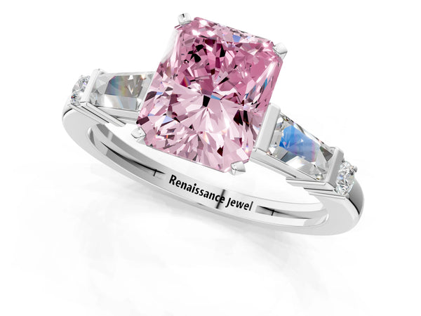 White gold Fancy Pink Radiant  Cut Diamond Ring with Baguette Side Stones, Channel Set Band, and Four-Prong Setting
