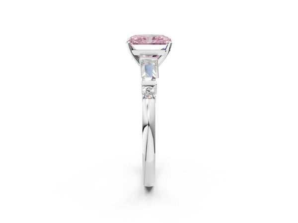 White gold Fancy Pink Radiant  Cut Diamond Ring with Baguette Side Stones, Channel Set Band, and Four-Prong Setting
