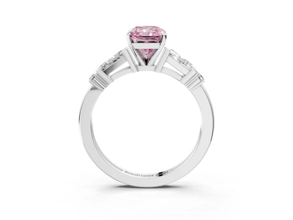 White gold Fancy Pink Radiant  Cut Diamond Ring with Baguette Side Stones, Channel Set Band, and Four-Prong Setting