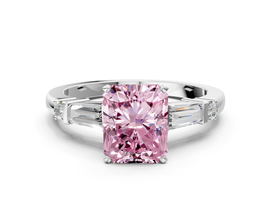 White gold Fancy Pink Radiant  Cut Diamond Ring with Baguette Side Stones, Channel Set Band, and Four-Prong Setting_3