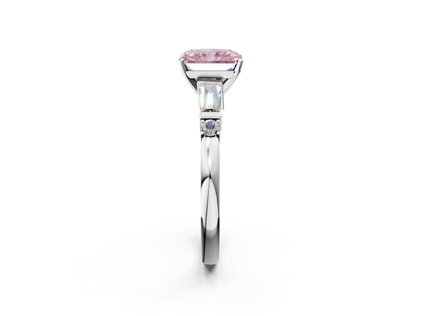 White gold Fancy Pink Radiant  Cut Diamond Ring with Baguette Side Stones, Channel Set Band, and Four-Prong Setting