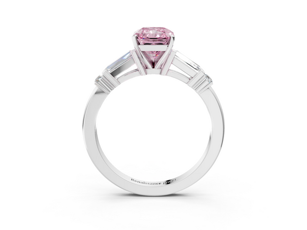 White gold Fancy Pink Radiant  Cut Diamond Ring with Baguette Side Stones, Channel Set Band, and Four-Prong Setting