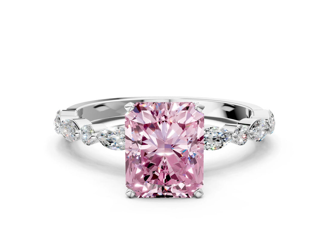 White gold Fancy Pink Radiant Cut Diamond Ring with Marquise and Round  Side Stones and Four-Prong Setting_64