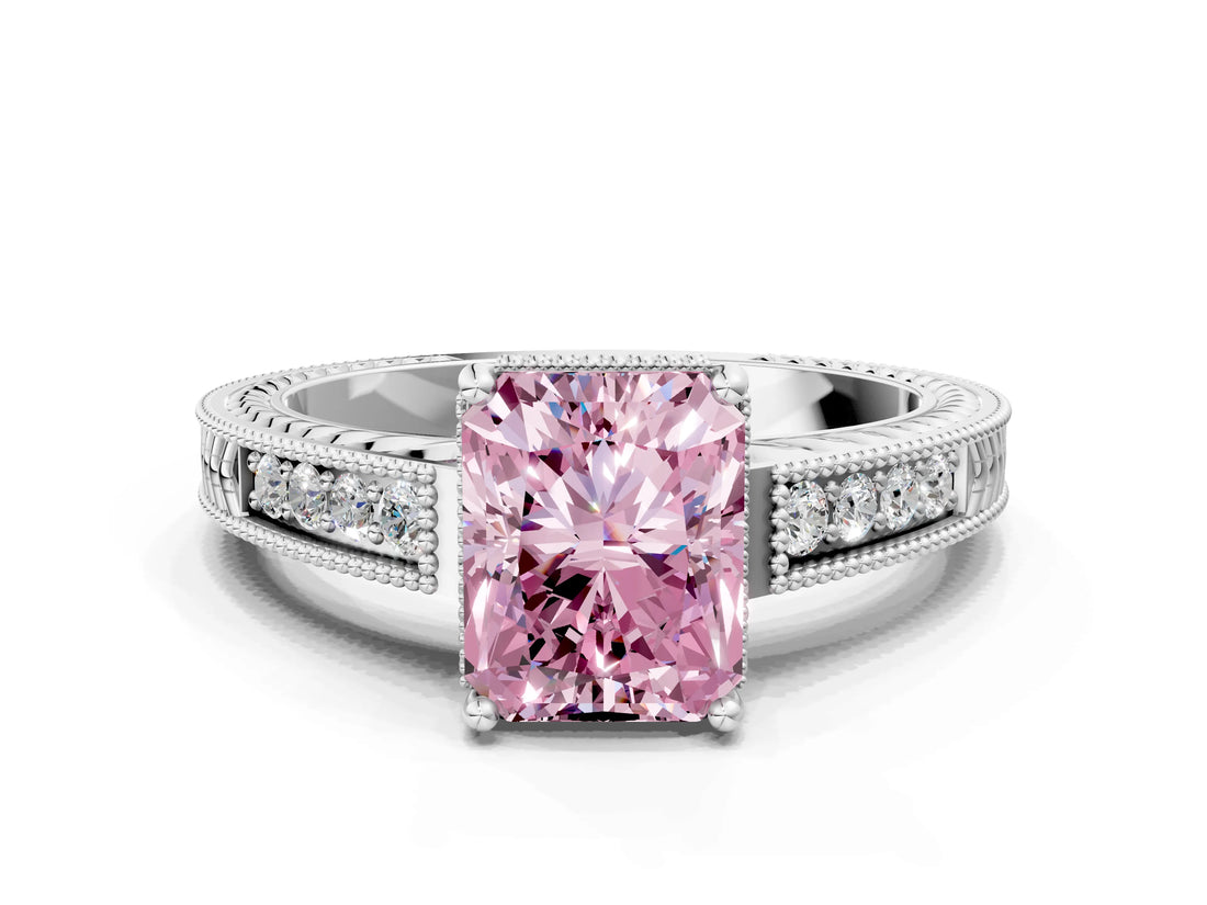 White gold Fancy Pink Radiant Cut Diamond Ring with Milgrain Pavé Band and Four-Prong Setting_27