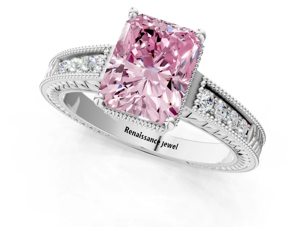 Platinum Fancy Pink Radiant Cut Diamond Ring with Milgrain Pavé Band and Four-Prong Setting
