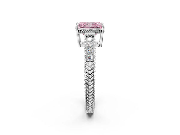 Platinum Fancy Pink Radiant Cut Diamond Ring with Milgrain Pavé Band and Four-Prong Setting